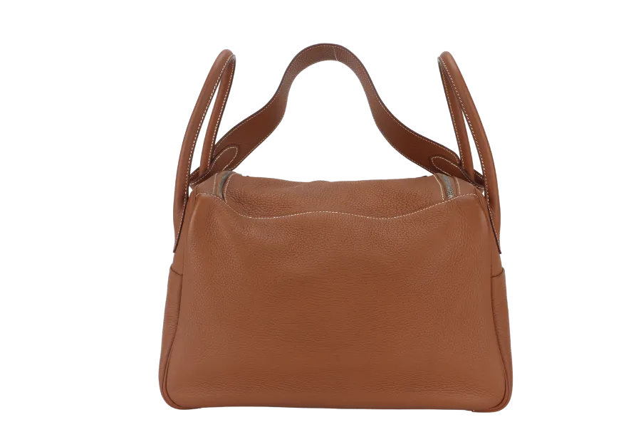 HERMES LINDY 34 GOLD COLOR CLEMENCE LEATHER WITH SILVER HARDWARE STAMP Q WITH DUST COVER